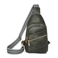Deep green retro leather chest bag with striped strap and multi-layer zippers - Green