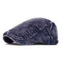 Classic dark blue corduroy flat cap for men and women featuring vintage metal buckle strap - Adjustable / Navy Blue