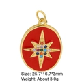 Detail of red enamel oval pendant with gold starburst design and zircon dimensions - Copper Pendant 16 (Red Oval Starburst)