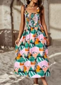 Detail of colorful abstract leaf print on a pleated bodice sundress with spaghetti straps - S / Green