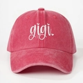 Detailed embroidery of cursive 'gigi' and heart on pink washed cotton baseball cap - Watermelon red