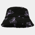 Detailed texture of black plush bucket hat with purple butterfly patterns and faux fur - M (56-58cm) / Black (Purple Butterfly)