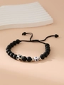 Adjustable matte black beaded bracelet with silver soccer ball and letter X charm - Letter X