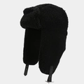 Detail of black trapper hat featuring faux fur lining and leather chin strap with metal buckle - M (56-58cm) / Black