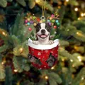 Kreatives Weihnachts-Hunde-Ornament mit einem braunen Welpen in einer roten Socke - Braun-weißer Welpe Typ 9