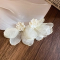 Detail of fabric flower earrings with translucent white petals and pearly stamen design - White-Gauze Petals (925 Sterling Silver Earring Post)