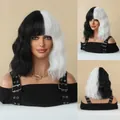 Parrucca bicolore nero e bianco ondulata con frangia per cosplay di Cruella - 37cm/14 pollici / Medio Lungo Riccio