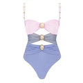 Badeanzug in Rosa, Grau und Blau mit Ausschnitt und goldenen Metallschnallen-Details - S / Rosa Patchwork-Badeanzug