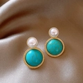 Detail of vintage enamel earrings with white pearls and green turquoise on brown silk - Gold Round White Pearl Turquoise (22#)