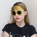 Golden Happy New Year party sunglasses with artistic cut-out lettering and black lenses - Gold Electroplated Double Layer Round New Year Glasses