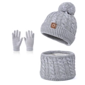 Grey knit kids winter set featuring a cable-knit pompom hat, neck warmer and gloves - Two-tone Grey