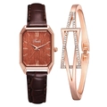 Detail of rose gold rectangular watch and sparkling geometric crystal bracelet set - Brown Watch + Bracelet