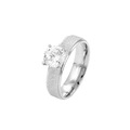 Detailed view of silver titanium steel ring with frosted band and large round zircon. - Size 5 / 6mm With Zirconia / Silver
