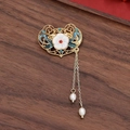 Vintage alloy brooch with white flower, blue enamel, and golden pearl tassels - 353# Ping'an Lock