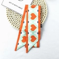 Orange and mint green silk ribbon hair tie with heart patterns and geometric design - Heart