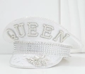 Cappello da capitano con paillettes bianche, scritta QUEEN di perle e strass - Stile Paillettes Bianche Perla QUEEN (02)
