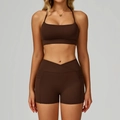 Dunkelbraunes Yoga-Set mit Cross-Waist-Shorts und Sport-BH für Damen - S / Kaffee (BH + Shorts)