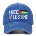 Detailed embroidery of Free Palestine text and flag on blue washed cotton baseball cap - Sapphire Blue