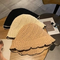 Three knitted straw bucket hats in black, beige, and khaki with wavy edges on wood surface - Summer Lace Edge Khaki