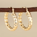 Nahaufnahme goldener Creolen mit strukturierter Oberfläche an einem natürlichen Holzzweig - E4432-3D-Bambus-Stil / Gold