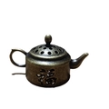 Miniature antique brass teapot incense burner featuring hollowed Fu character design - Teapot And Incense Burner