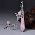 Hexagonal rose quartz pendulum pendant with vintage silver wing and bead chain details - Silver Rose Quartz