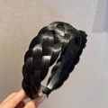 Handmade chunky braided headband in natural black with high top volume and textured finish - Five-strand Braid (4.5CM Wide) / Natural Black