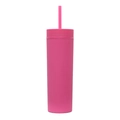 Detail of pink matte 16oz double-layer plastic tumbler with matching lid and straw - 16oz / Dragon Fruit