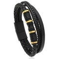 Pulsera de cuero trenzado negro de tres capas con cuentas doradas y cierre magnético - Negro y Oro