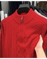 Men's red cable knit sweater with stand collar and zipper, showcasing elastic fabric texture - M / Red