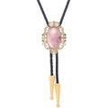 Vintage bolo tie featuring a pink gemstone in a gold crown frame with black leather cord - 24 (Gold with Pink Stone)