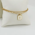 Gold double-layered stainless steel paperclip bracelet with rectangular 'X' letter pendant - Letter X Style (X)