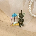 Creative alloy brooch featuring two elephants and palm trees in pink and blue enamel - Cyan Elephant