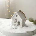 White snowy wooden house pendant ornament with glitter finish and rope for Christmas decor - Medium