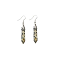 Silver hook earrings with hexagonal natural spotted stone pendants on a white background - Dalmatian Jasper
