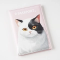 Close-up of pink PU leather passport holder with realistic cat print and PASSPORT text - Pink Cat