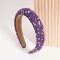 Baroque style wide headband featuring purple and pink gemstones with beige lining fabric - Purple