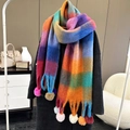 Colorful plaid winter scarf for women featuring plush pom-pom trim and a thick fringe design - Neon Plaid