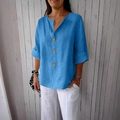 T-shirt da donna blu in lino con scollo a V e bottoni grandi dalla vestibilità ampia - Fibbia Blu Pavone In 3 Pezzi 8055# / 3XL