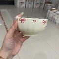 Creamy white ceramic bowl with red bow and heart patterns in petal shape design - 4.5 Inch Lotus Bowl - Yellow Bow - 1pc