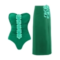 Set costume da bagno monospalla verde smeraldo con fiori 3D e gonna lunga con spacco - S / Set a Fascia Verde