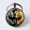 Yin-Yang style polar bear keychain featuring silver and gold bear metal relief carving - Gold Silver Yin Yang Bears