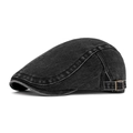 Adjustable black washed denim flat cap with vintage metal buckle for men and women - Black