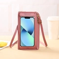 Zartrosa Touchscreen Handytasche zum Umhängen mit verstellbarem Riemen und Lederstruktur - Dunkelrosa