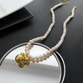 Baroque pearl necklace featuring gold metallic bead accents in a luxury layered design - 05-F1 Titanium Steel Natural Pearl Necklace Gold