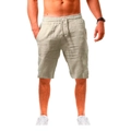 Men's hip hop breathable cotton linen beige shorts with elastic drawstring waist - Khaki