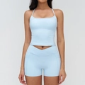 Light blue yoga set with halter camisole and V-waist crossover sports shorts - S / Top And Bottom / Water Blue