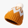 Winter knit beanie in ochre and white stripes with a fluffy white pom-pom detail - Orange Yellow