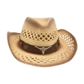 Hollow out Western cowboy straw hat in khaki with a bull head leather band decoration - One Size / Khaki 2 (Brown Cow)