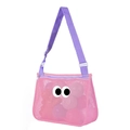 Pink mesh beach bag for kids with purple adjustable strap and cartoon eye decor - Livemork Glasses Style Pink Purple Strap Shoulder Mesh Bag